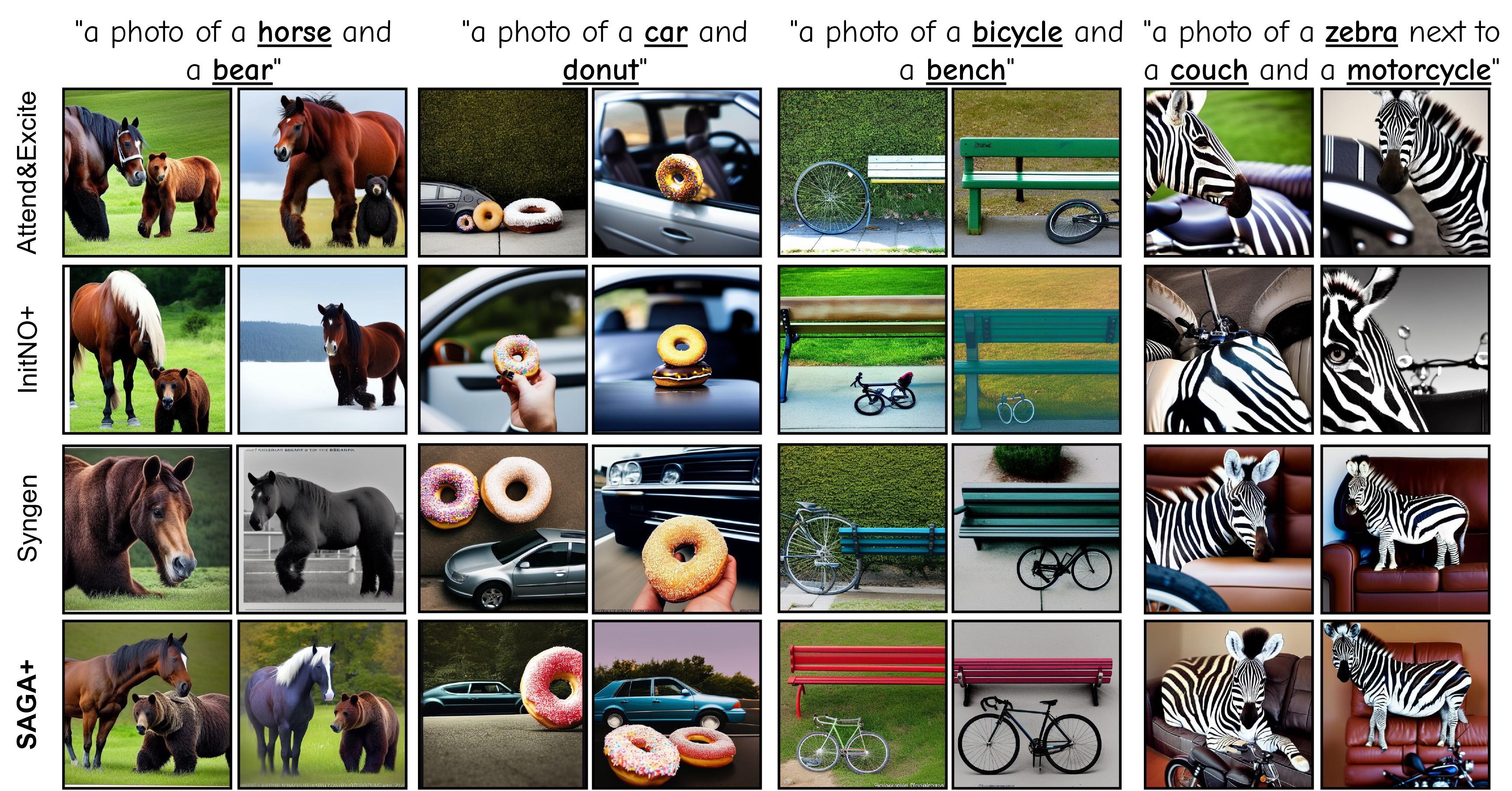 Generated images across different methods using SD 1.4 with the same seeds and prompts.