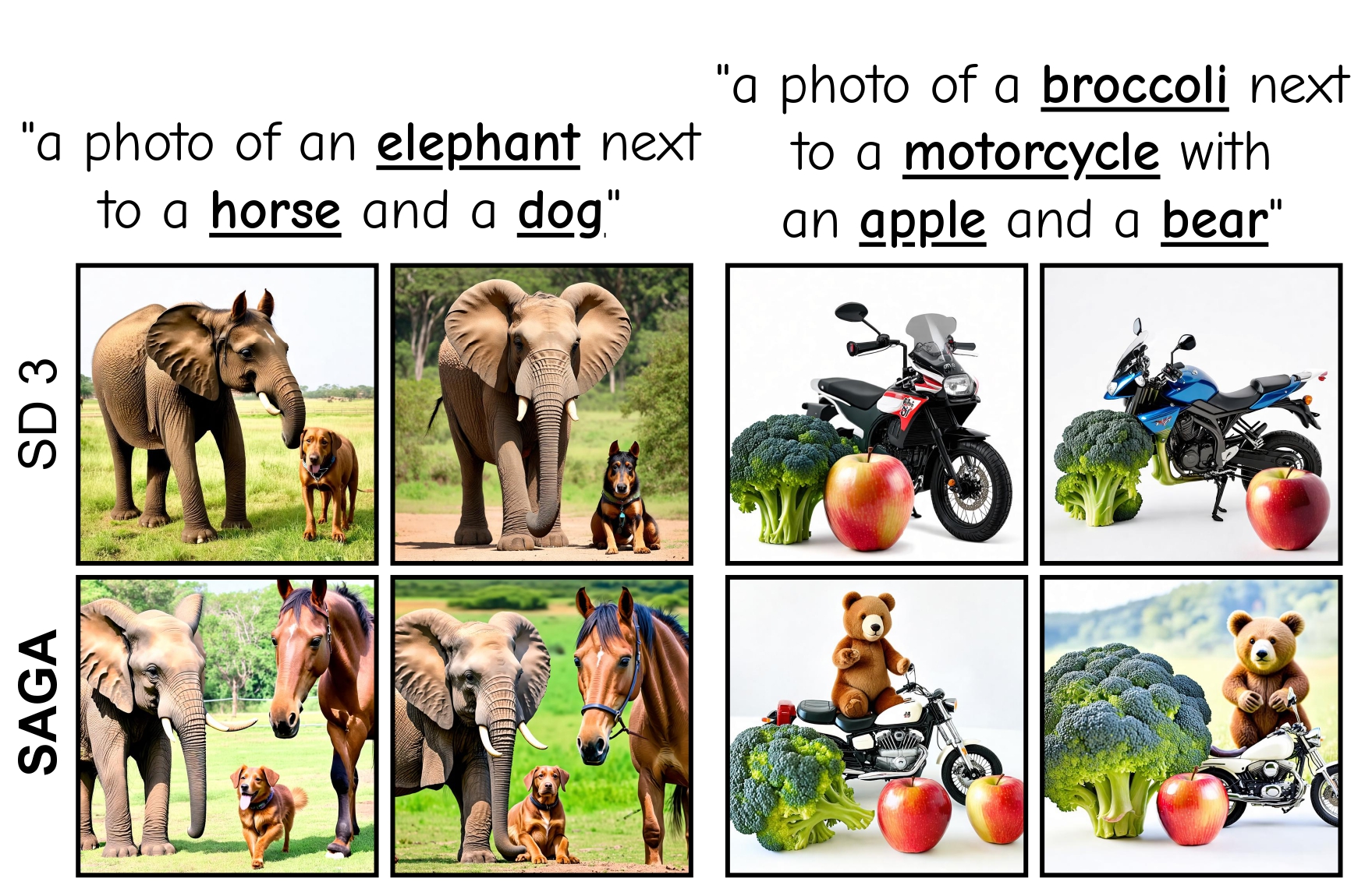 Generated images with SAGA using SD 3 with the same seeds and prompts.