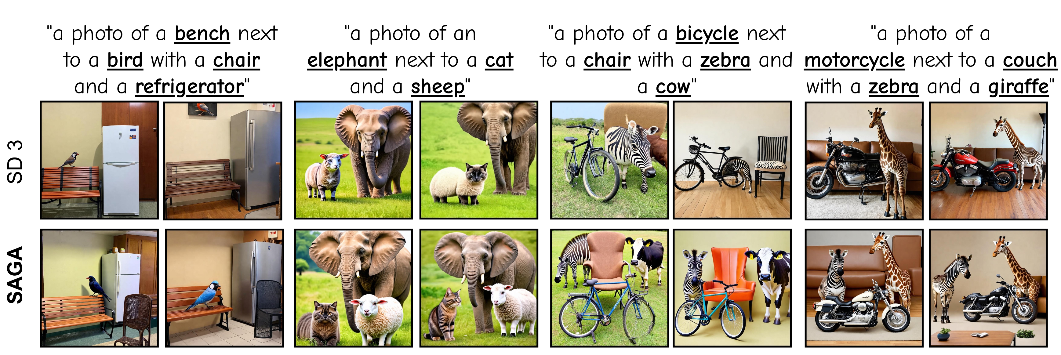 Generated images with SAGA using SD 3 with the same seeds and prompts.